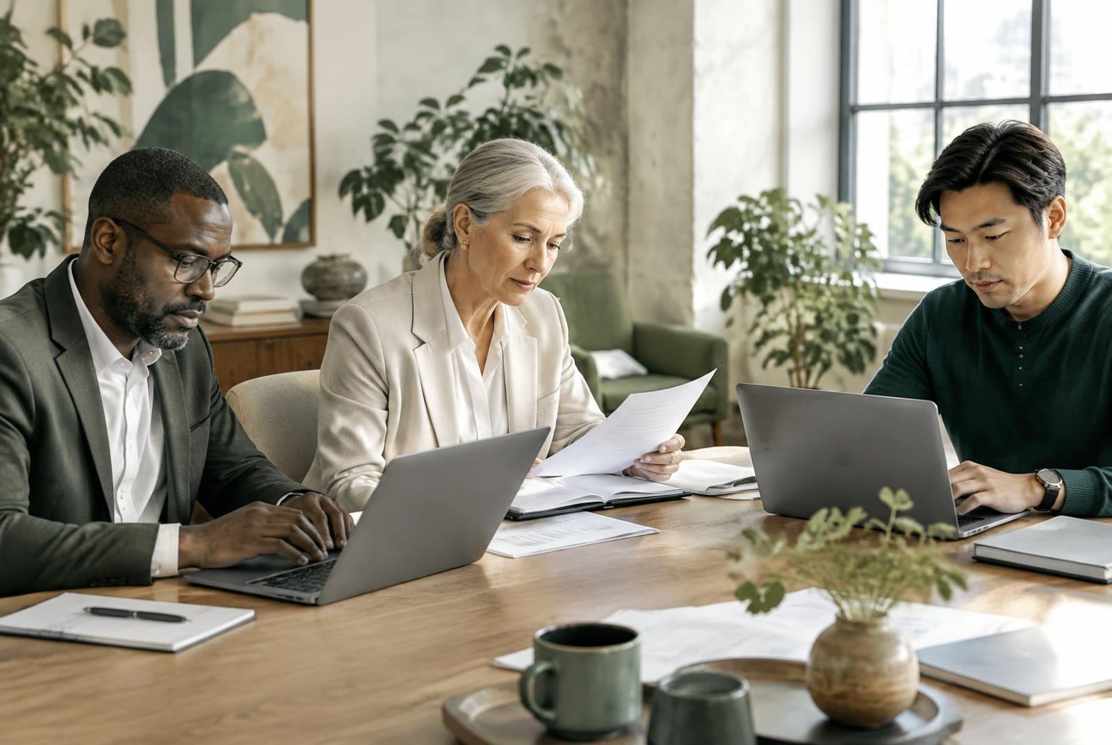 Three professionals individually reviewing documents and laptop work at a shared table